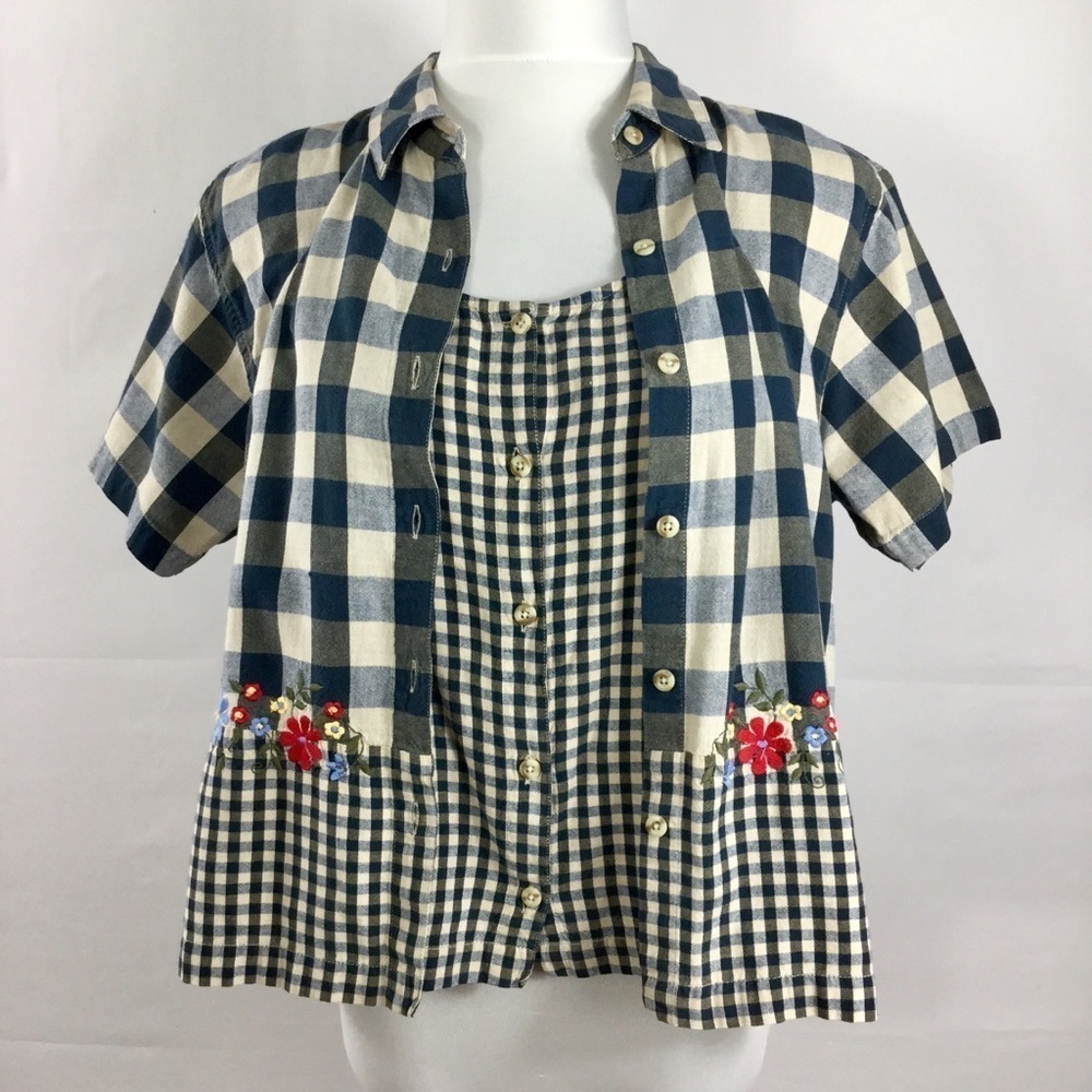 Vintage Cottagecore Buffalo Check Button Front Top Shirt Embroidered Size L - Picture 5 of 10